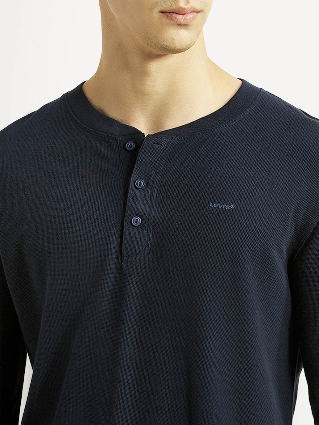 Men's Solid Navy Henley Neck T-shirt - Detail View