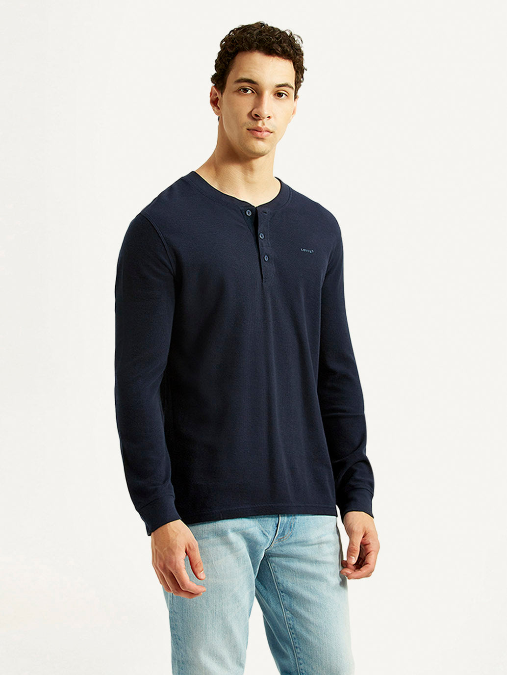 Men's Solid Navy Henley Neck T-shirt - Side View