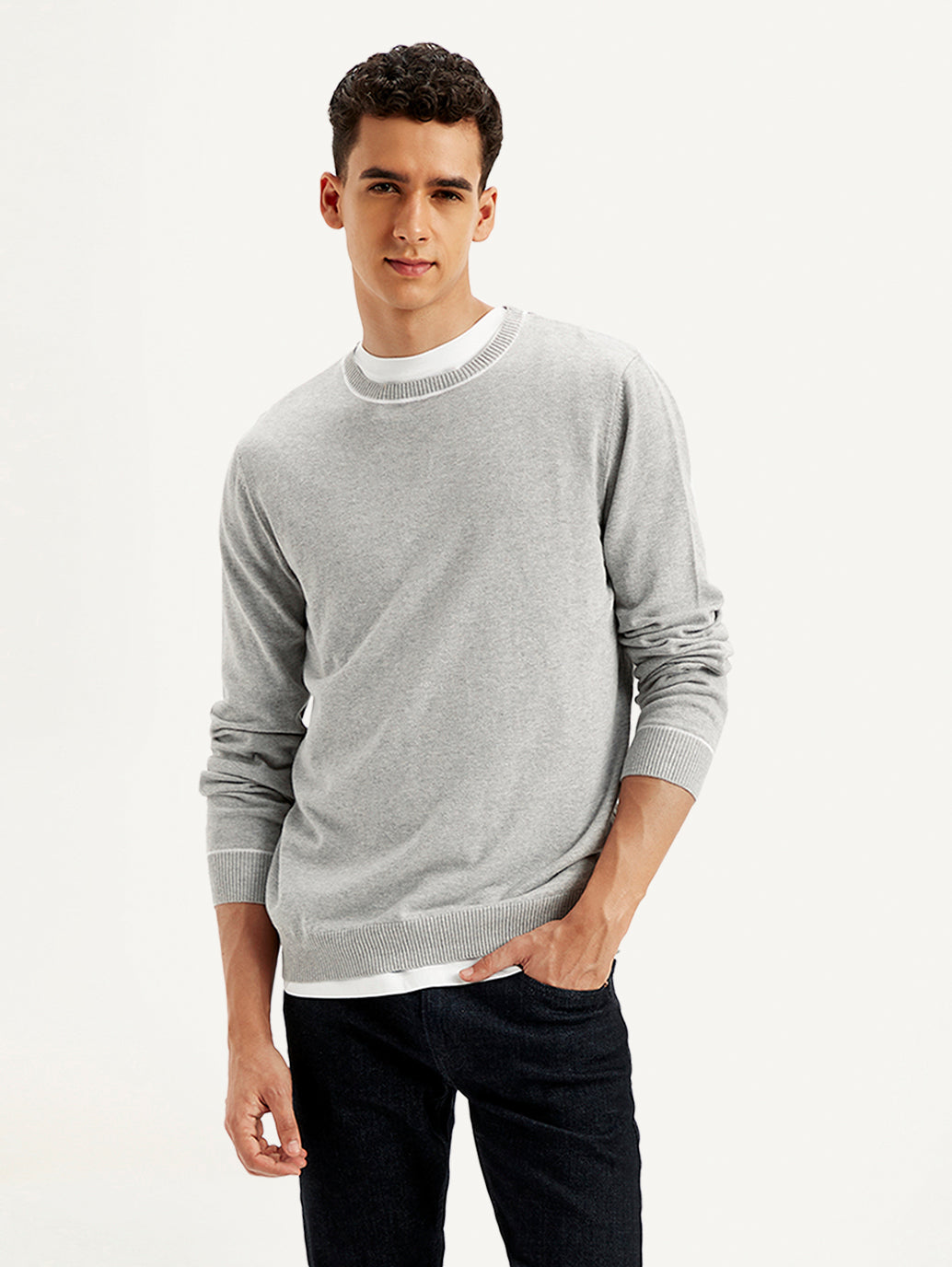 Men's Solid Light-Grey Crew Neck Sweater