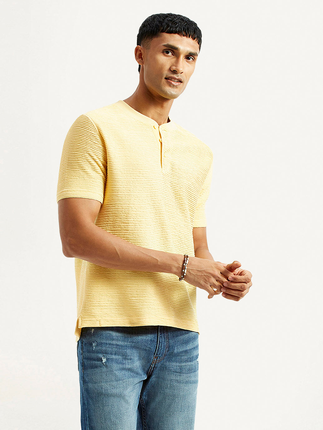 Men's Self Design Yellow Slim Fit T-shirt - Styleshot View