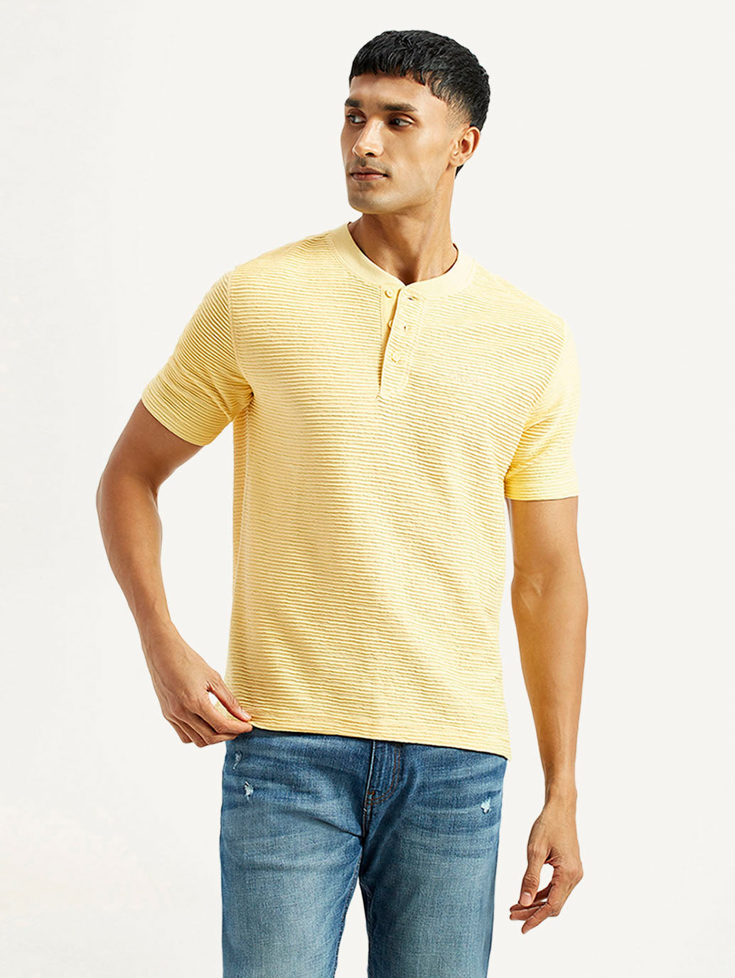 Men's Self Design Yellow Slim Fit T-shirt - Front View