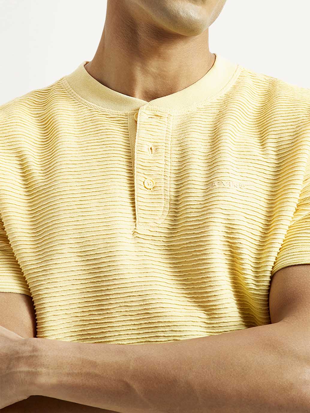 Men's Self Design Yellow Slim Fit T-shirt - Detail View