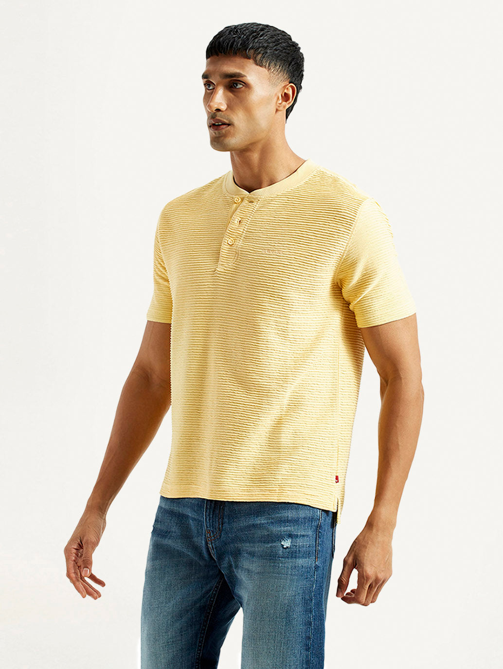 Men's Self Design Yellow Slim Fit T-shirt - Side View