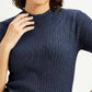 Women's Solid Greyish Blue Crew Neck Top - Detail View