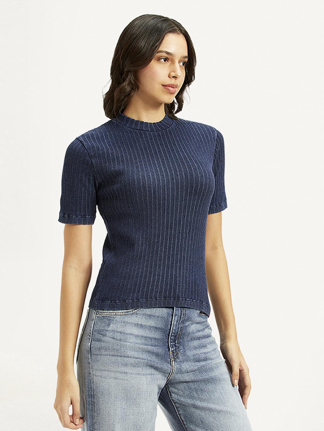 Women's Solid Greyish Blue Crew Neck Top - Side View