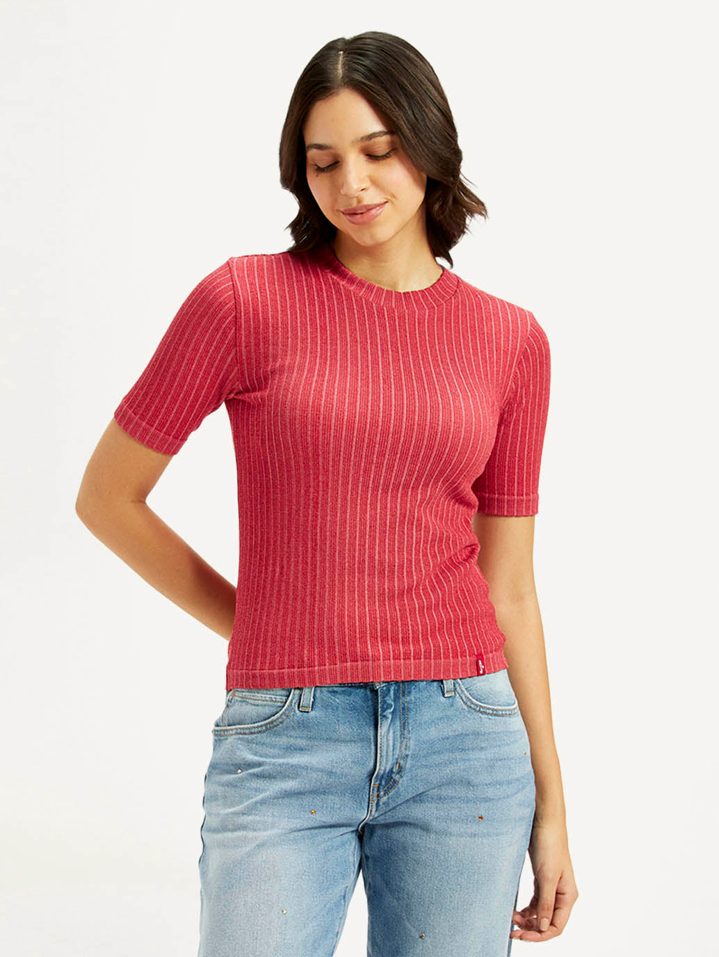 Women's Solid Red Crew Neck Top - Front View