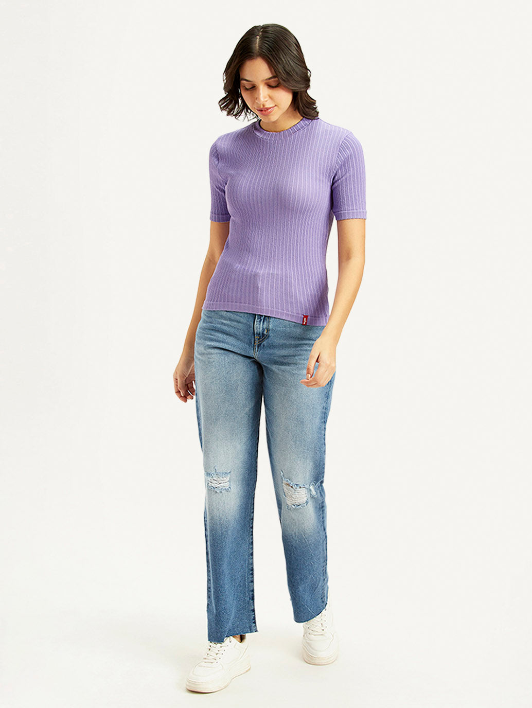 Women's Solid Lavender Crew Neck Top - Styleshot View