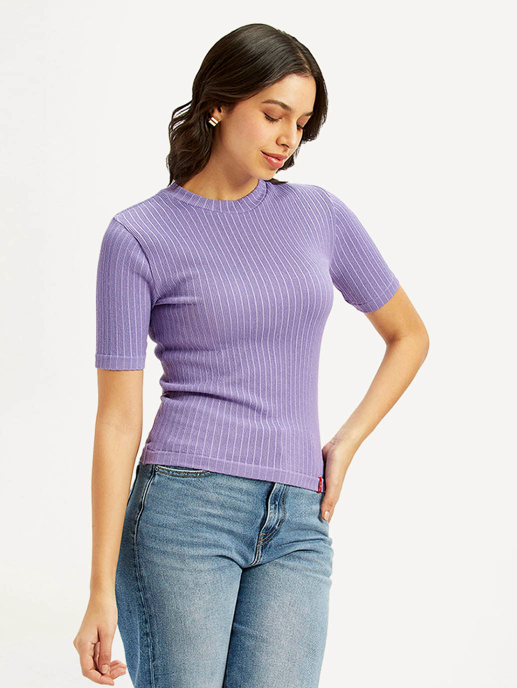 Women's Solid Lavender Crew Neck Top - Side View