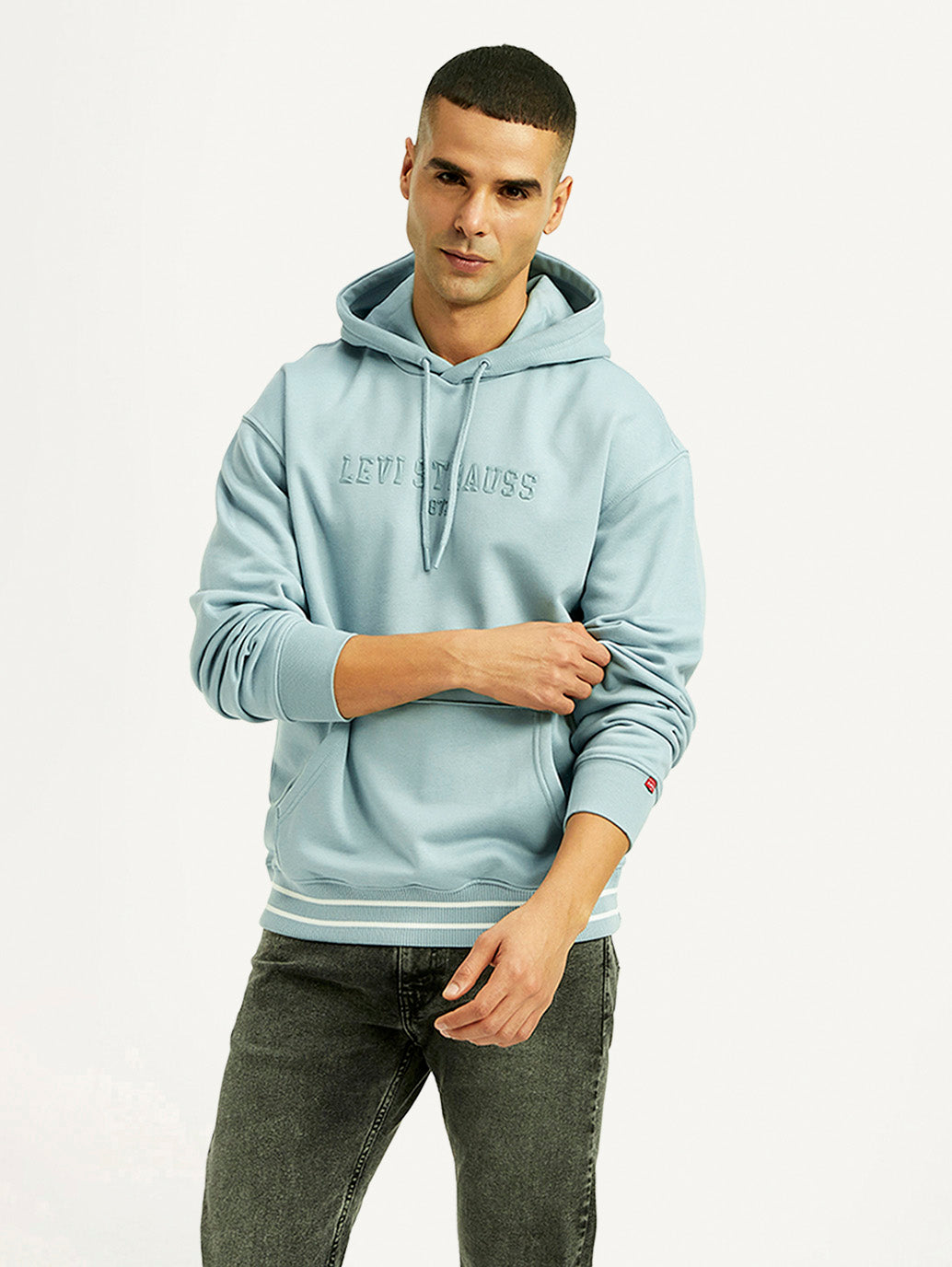 Men's Brand Logo Light Blue Hooded Sweatshirt - Styleshot View