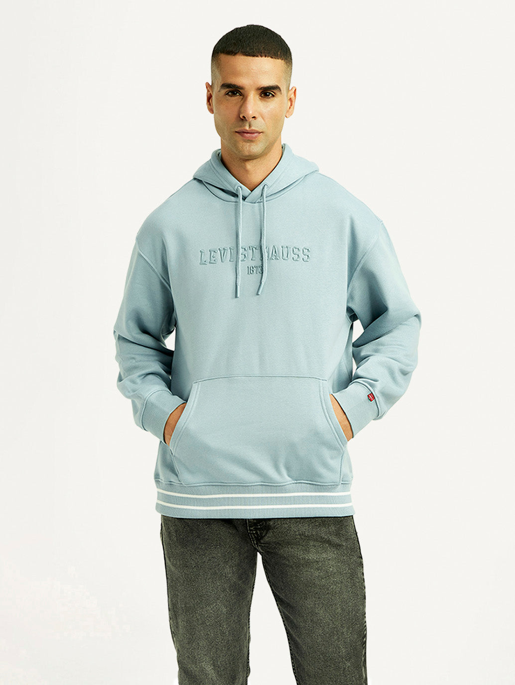 Men's Brand Logo Light Blue Hooded Sweatshirt - Front View