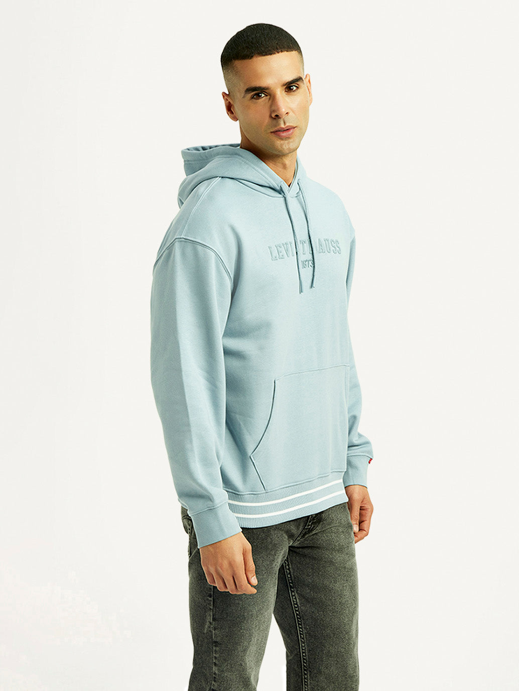 Men's Brand Logo Light Blue Hooded Sweatshirt - Side View