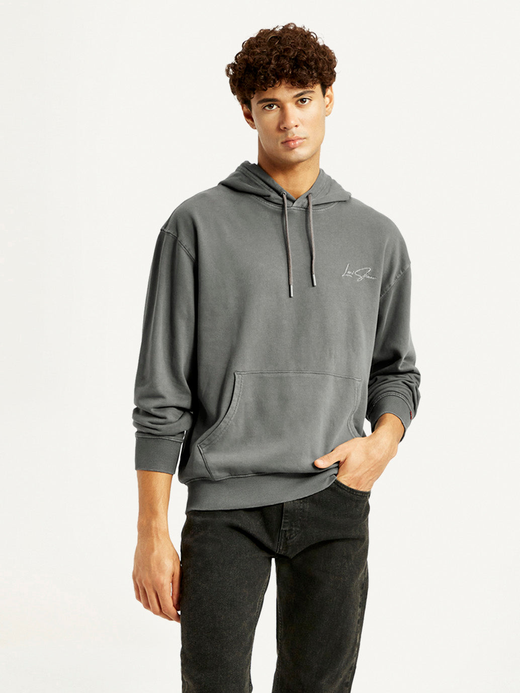 Men's Brand Logo Grey Hooded Sweatshirt - Styleshot View