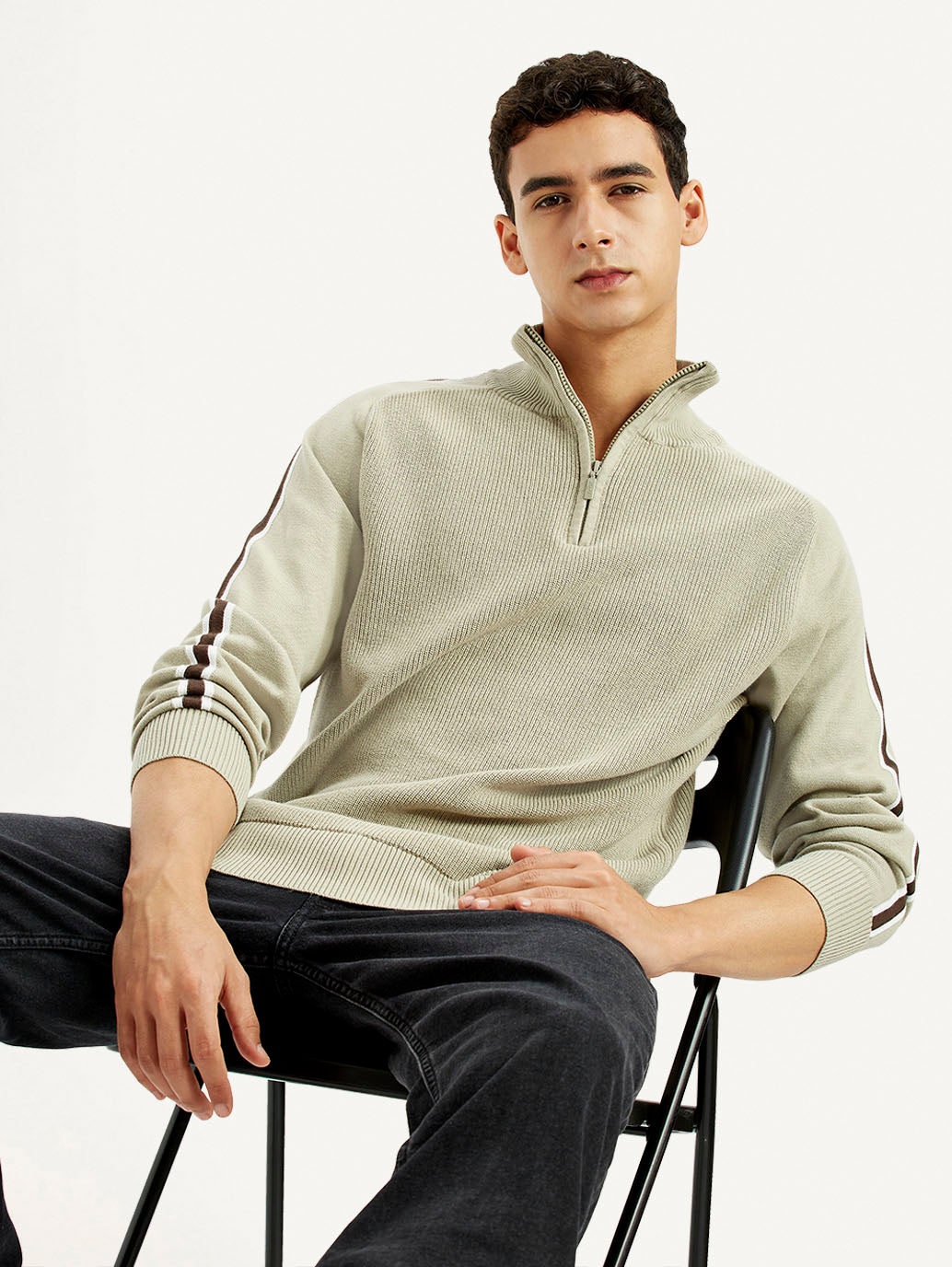Men's Solid Beige Slim Fit Sweater