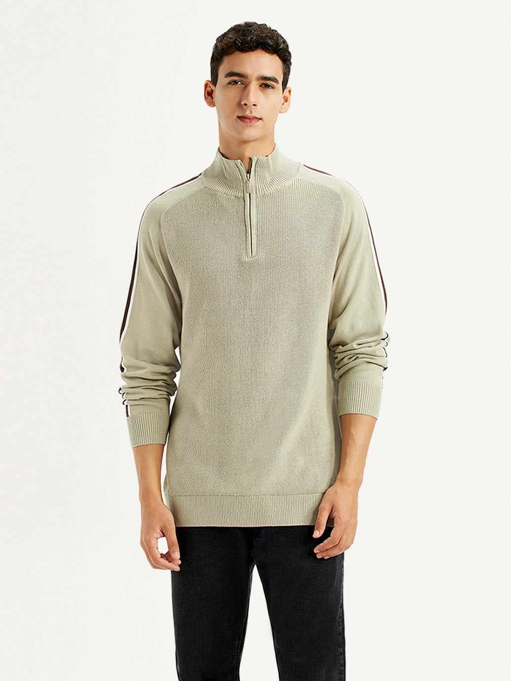 Men's Solid Beige Slim Fit Sweater - Front View