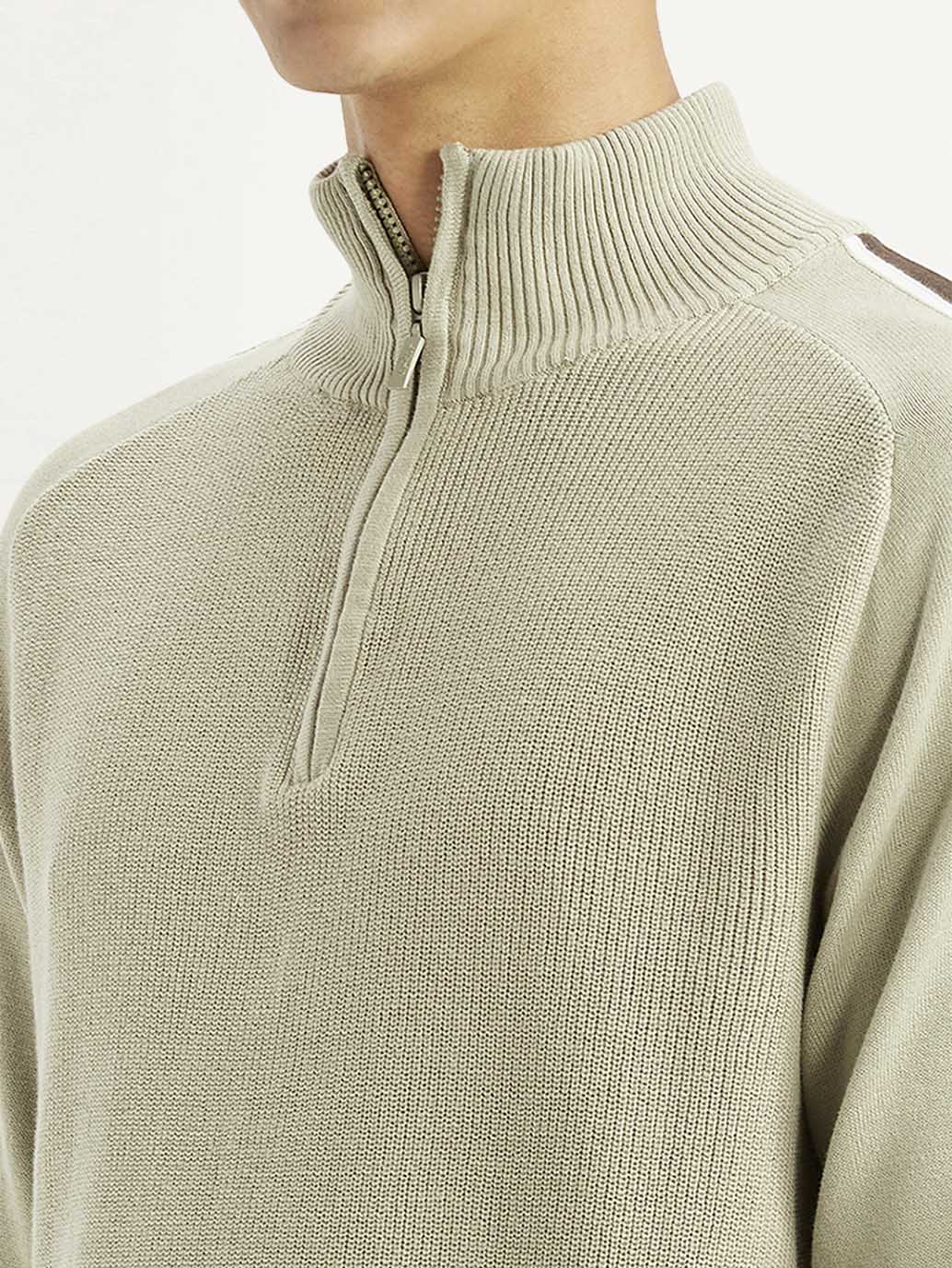 Men's Solid Beige Slim Fit Sweater - Detail View