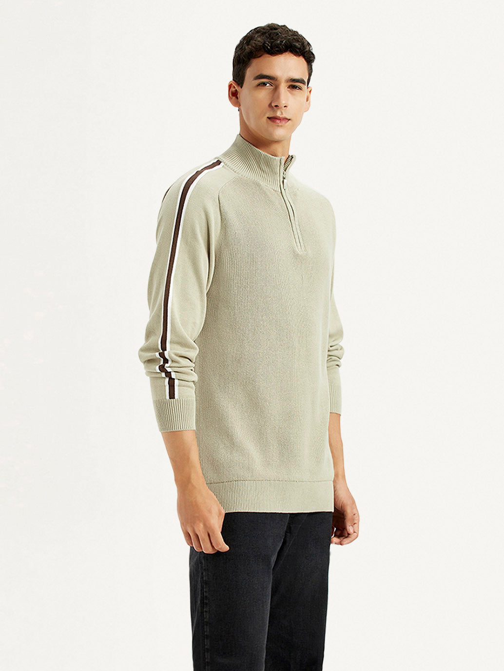 Men's Solid Beige Slim Fit Sweater - Side View