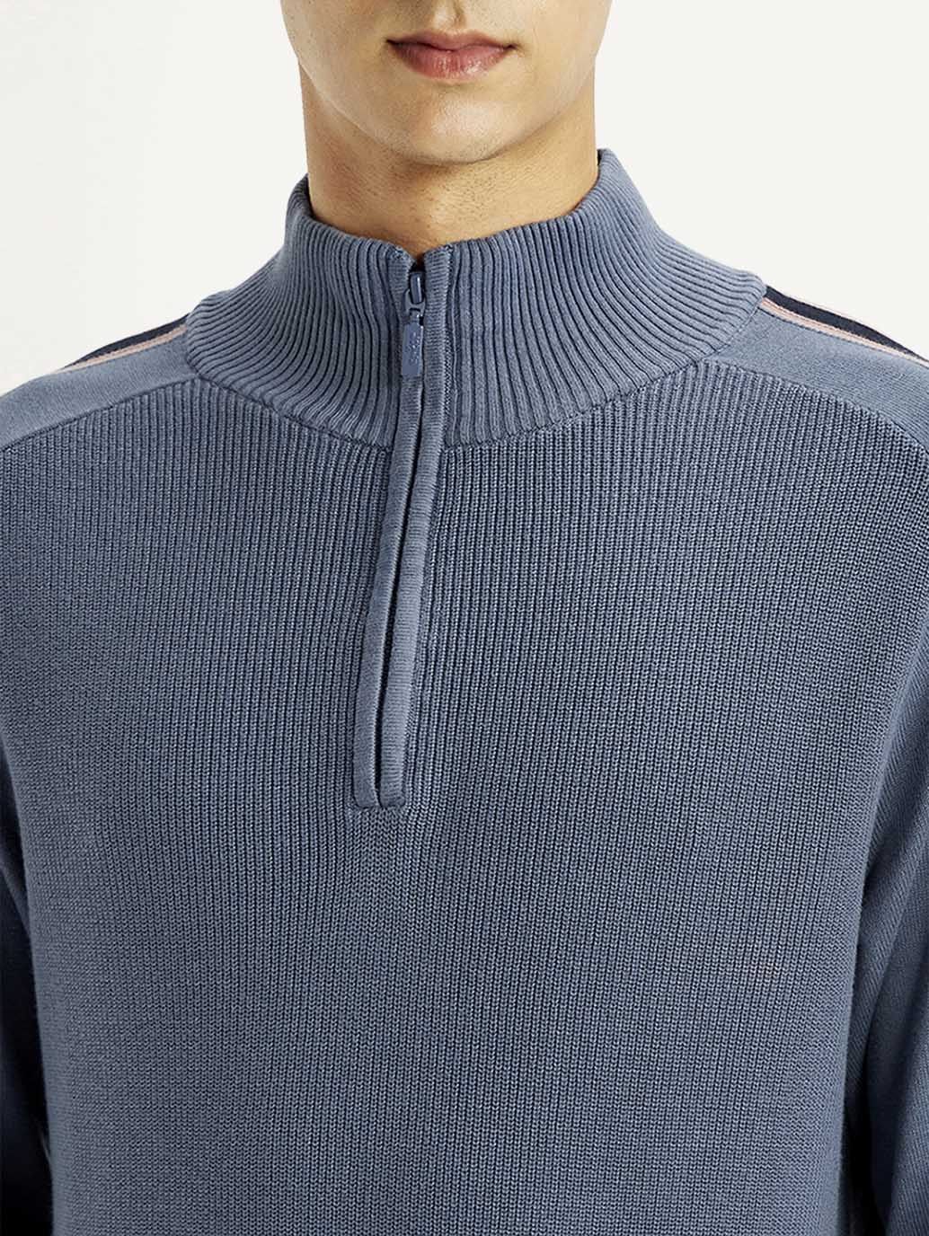 Men's Self Design Blue Sweater - Detail View