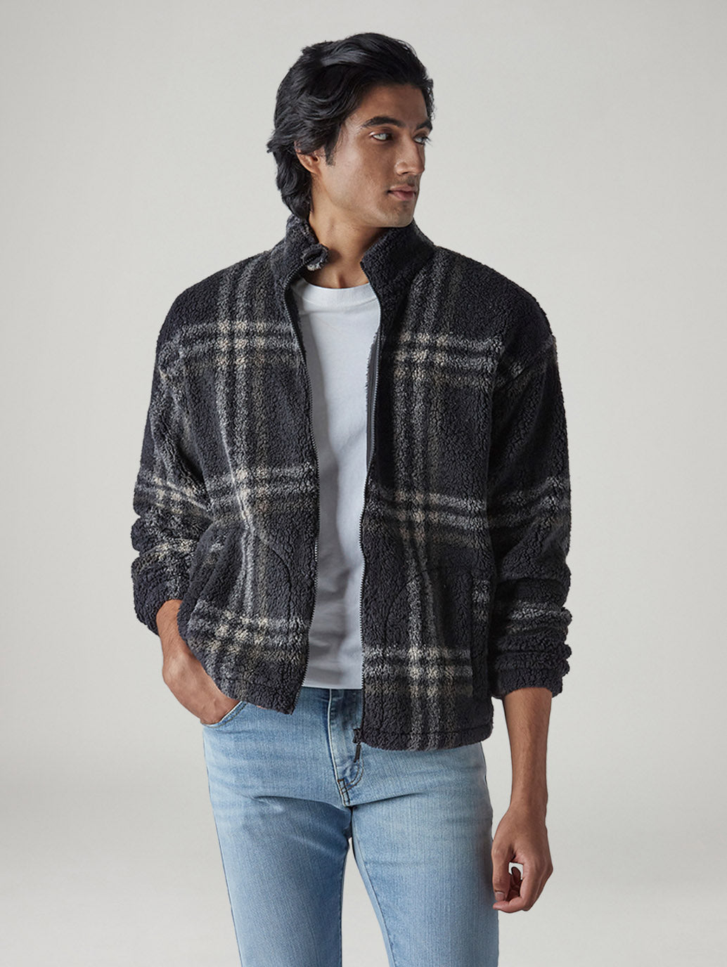 Men's Checked Charcoal Grey Sherpa Bomber Jacket