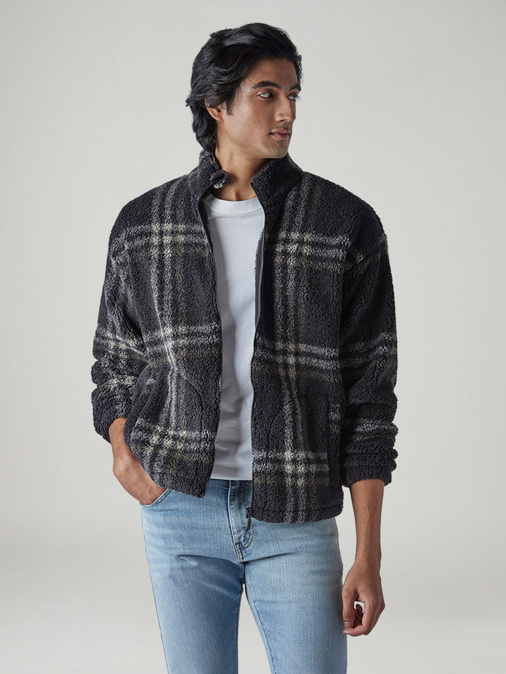 Men's Checked Charcoal Grey Sherpa Bomber Jacket
