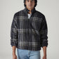 Men's Checked Charcoal Grey Sherpa Bomber Jacket - Front View