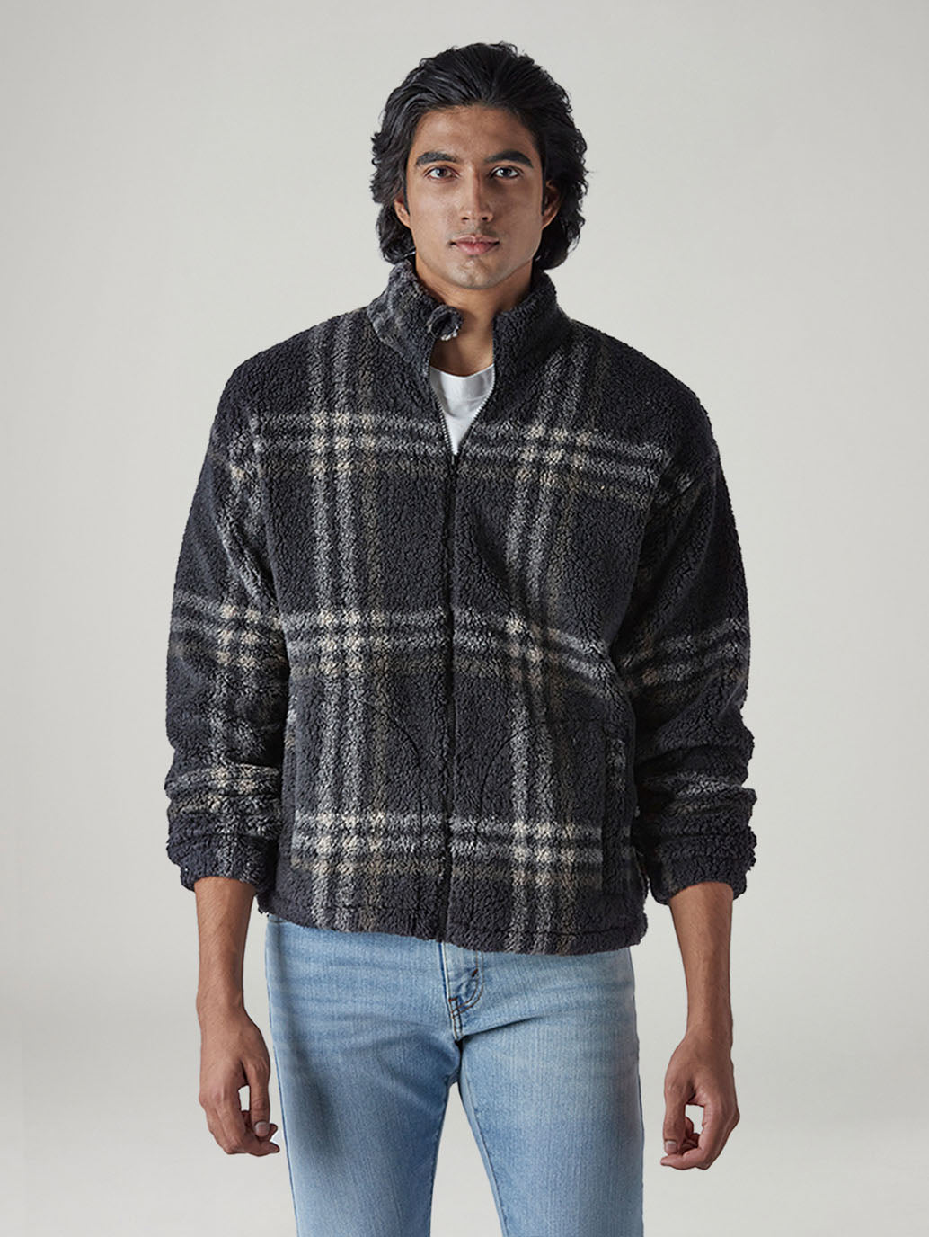 Men's Checked Charcoal Grey Sherpa Bomber Jacket - Front View