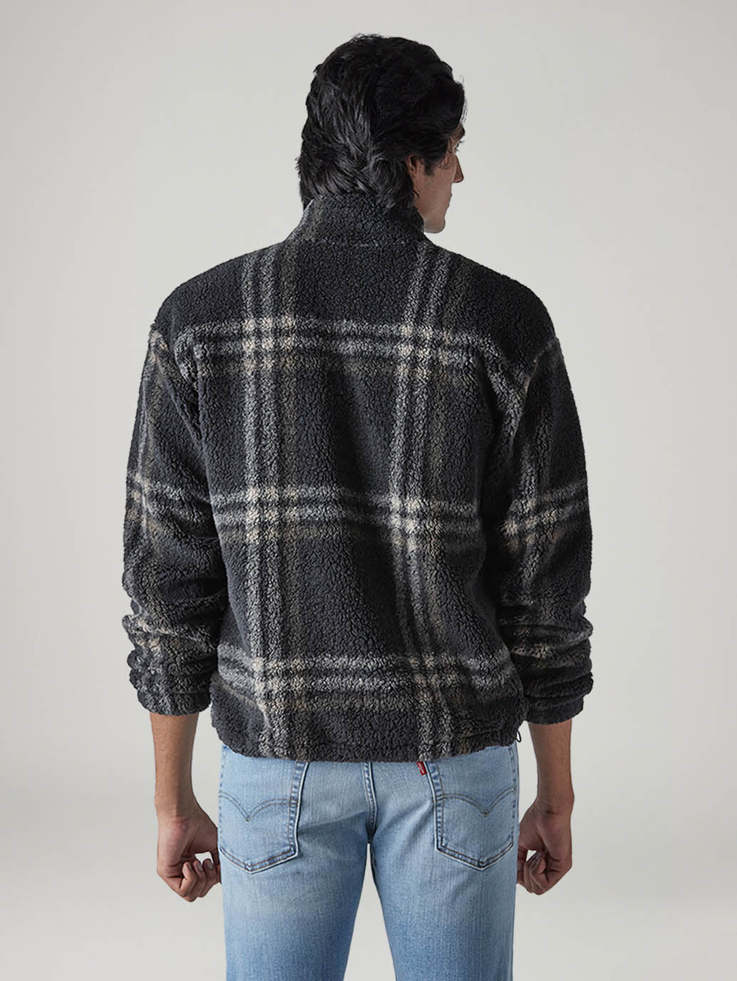 Men's Checked Charcoal Grey Sherpa Bomber Jacket - Back View
