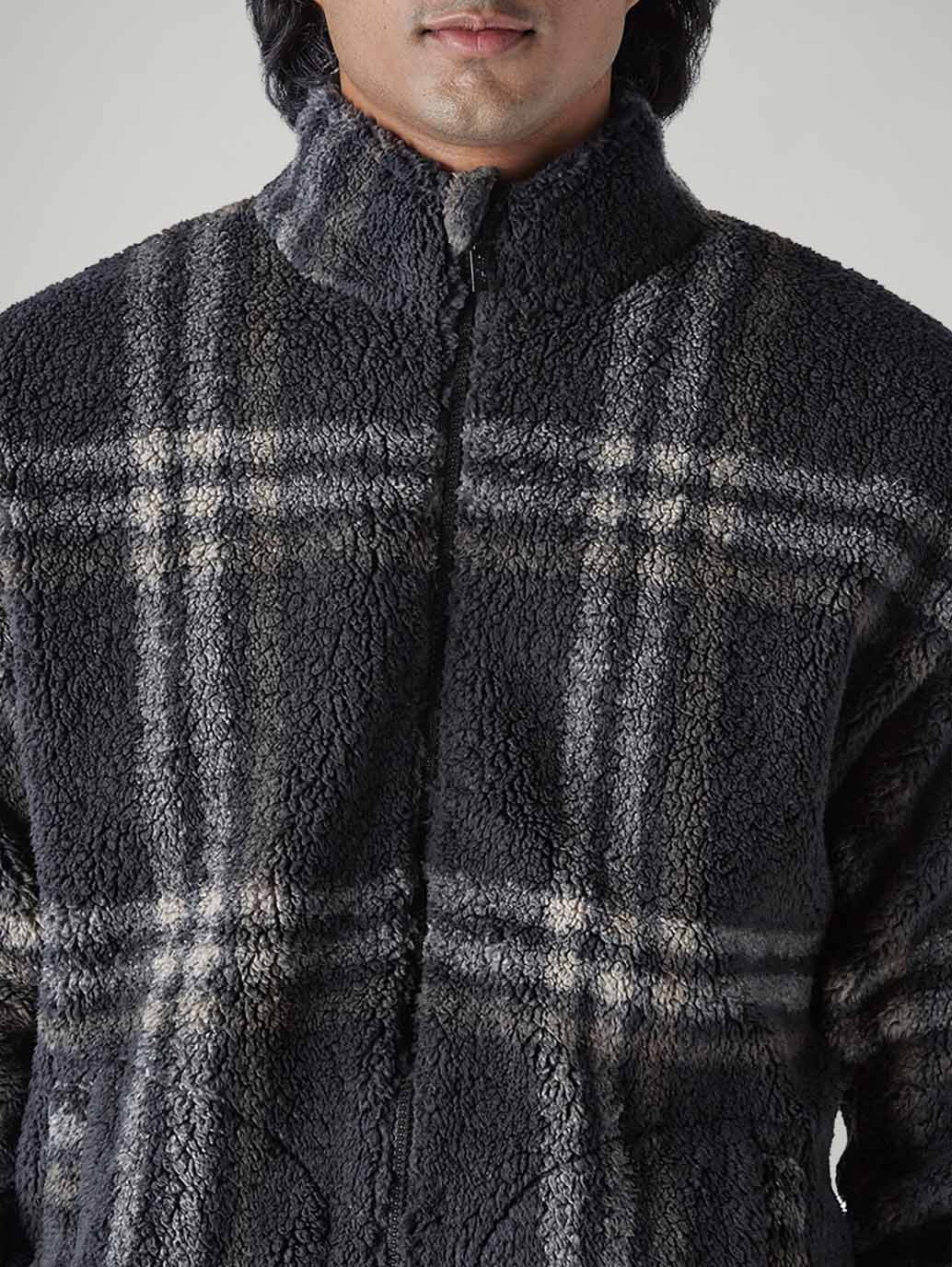 Men's Checked Charcoal Grey Sherpa Bomber Jacket - detail View