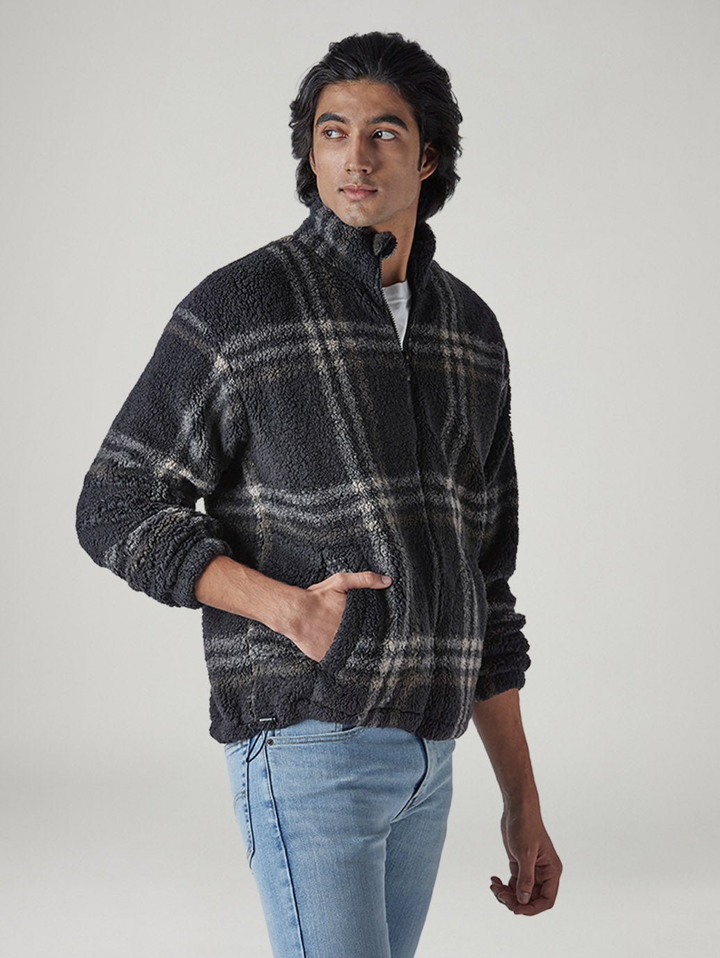 Men's Checked Charcoal Grey Sherpa Bomber Jacket - Side View