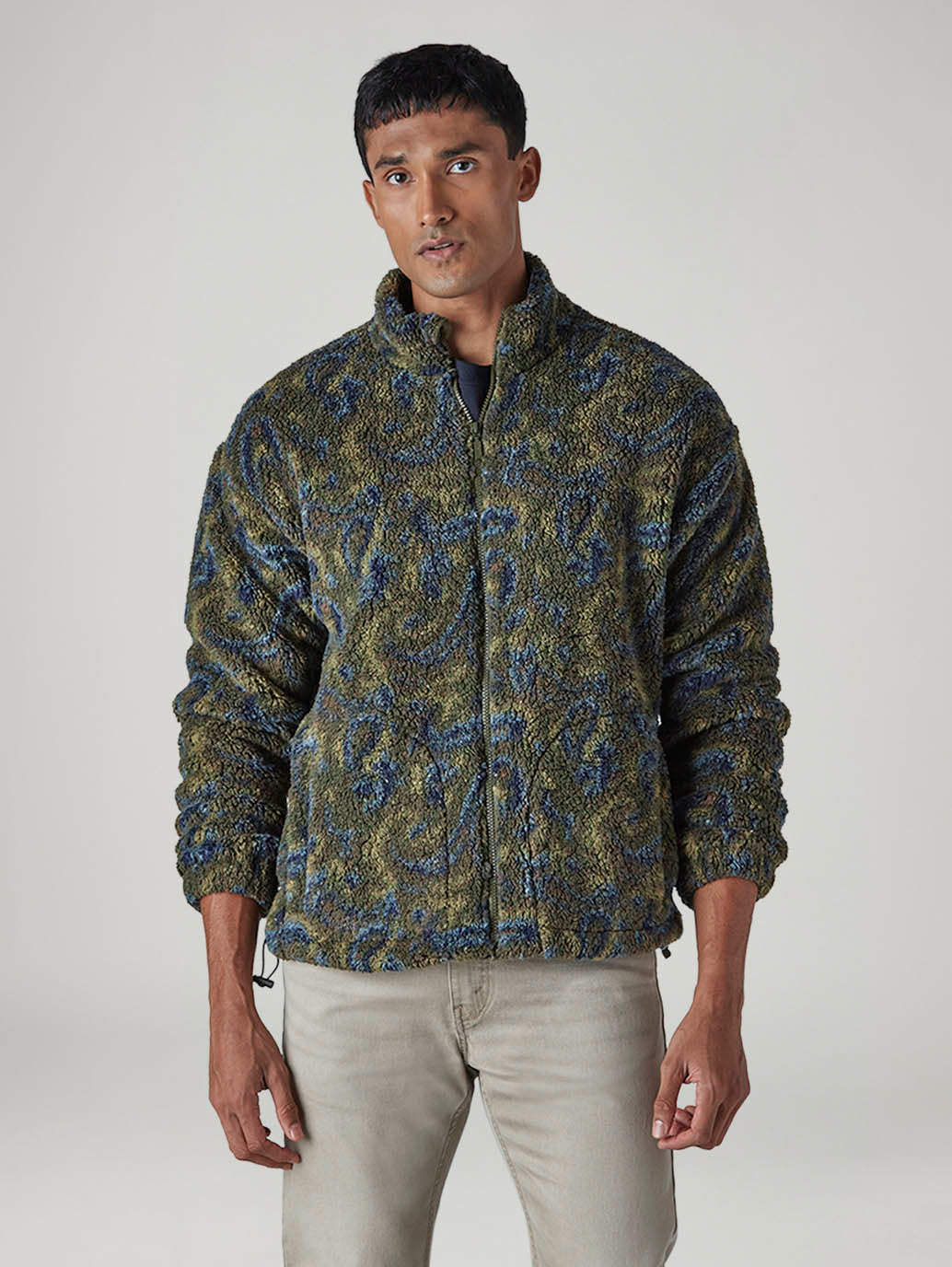 Men's Abstract Olive Sherpa Bomber Jacket - Front View