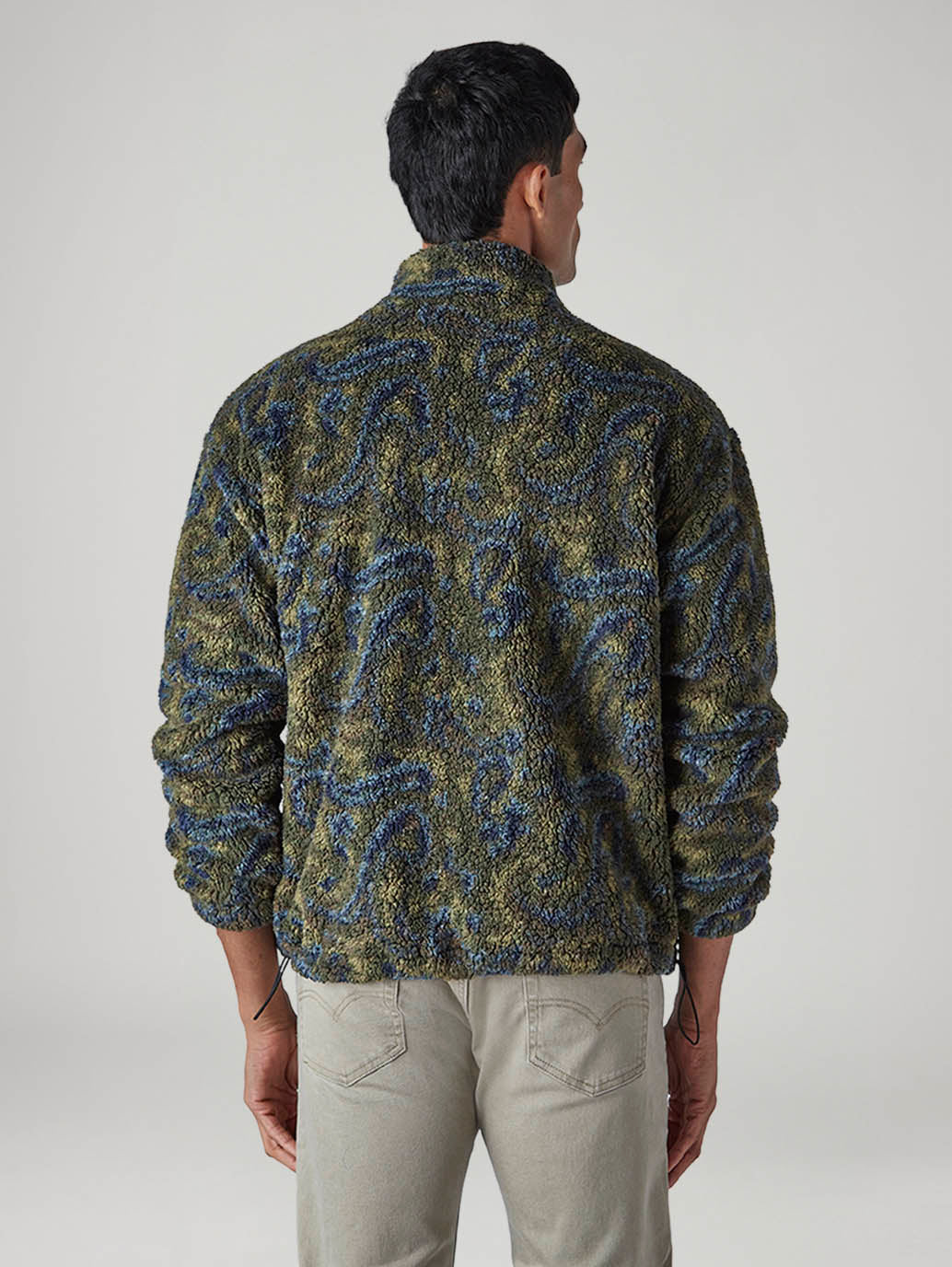 Men's Abstract Olive Sherpa Bomber Jacket - Back View