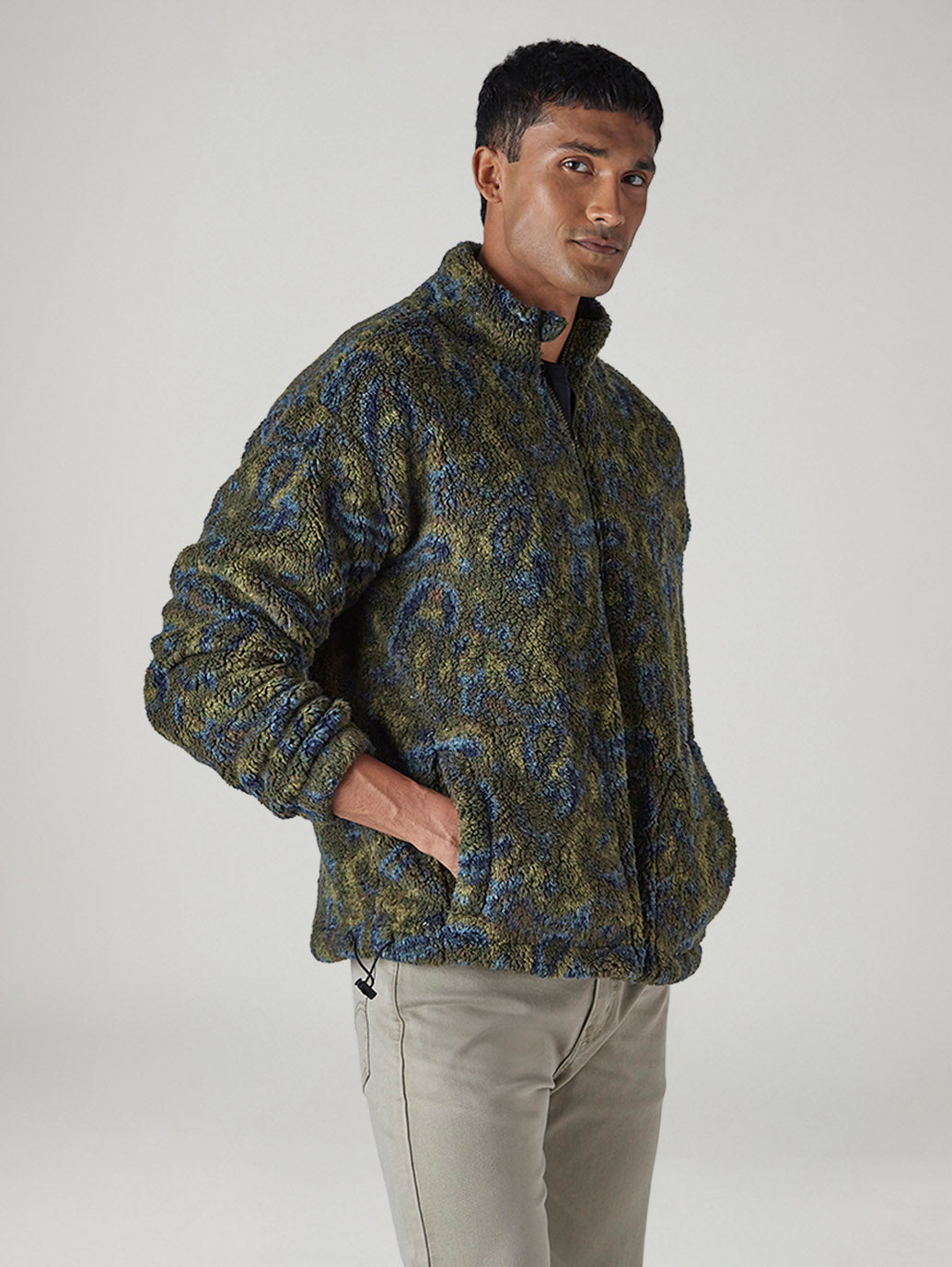 Men's Abstract Olive Sherpa Bomber Jacket - Side View