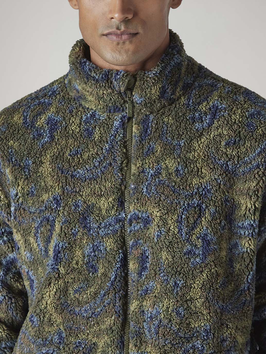 Men's Abstract Olive Sherpa Bomber Jacket - Detail View