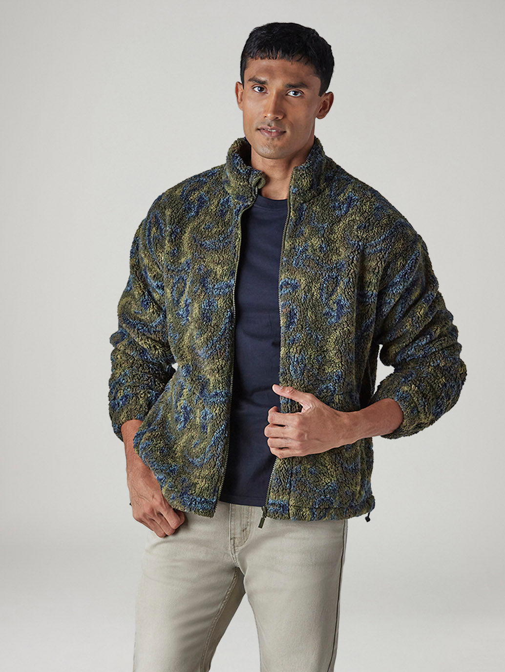 Men's Abstract Olive Sherpa Bomber Jacket