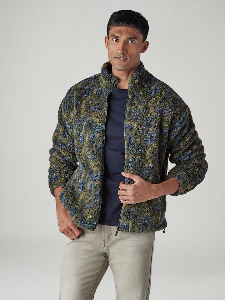 Men's Abstract Olive Sherpa Bomber Jacket