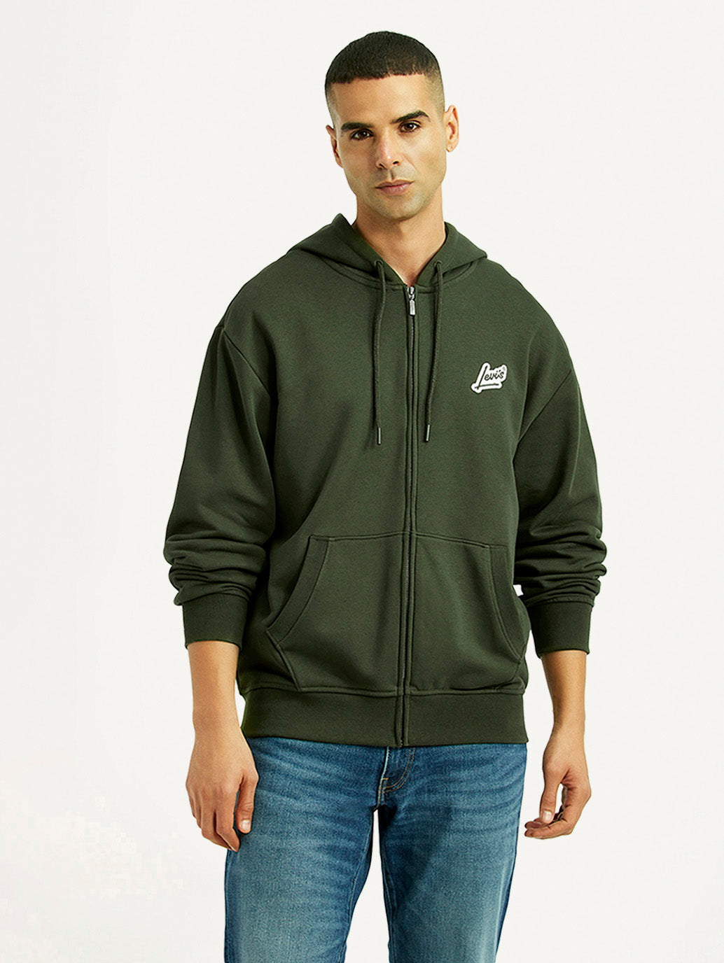 Men's Solid Dark Green Hooded Sweatshirt - Front View