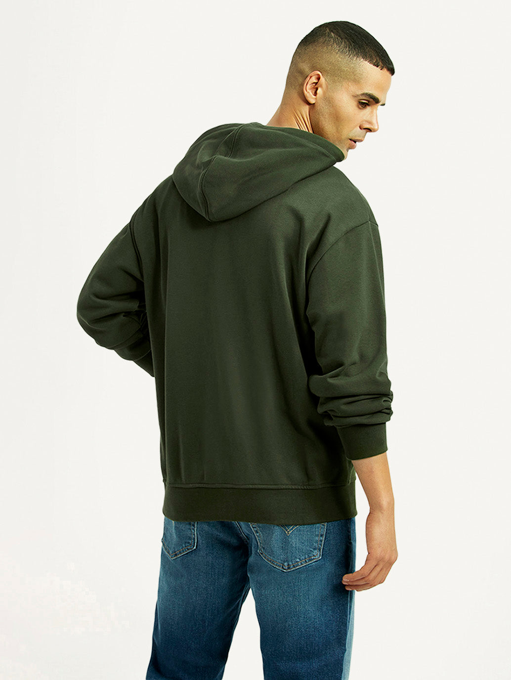 Men's Solid Dark Green Hooded Sweatshirt - Back View