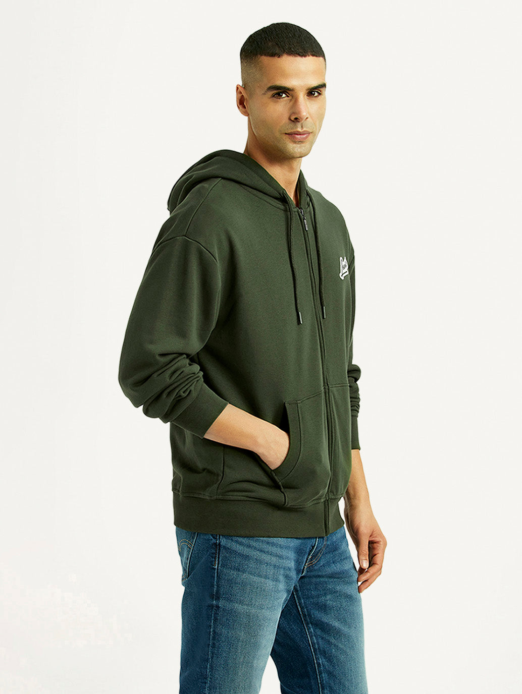 Men's Solid Dark Green Hooded Sweatshirt - Side View