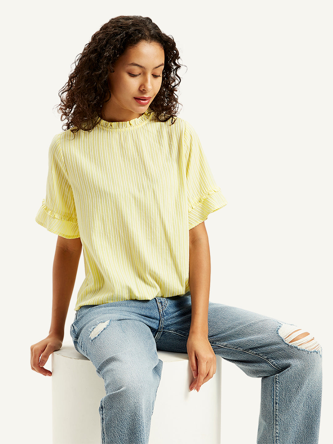 Women's Striped Yellow High Neck Top