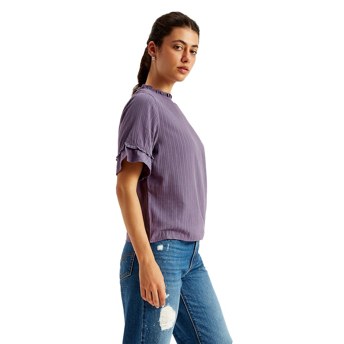 Women's Striped Purple High Neck Top