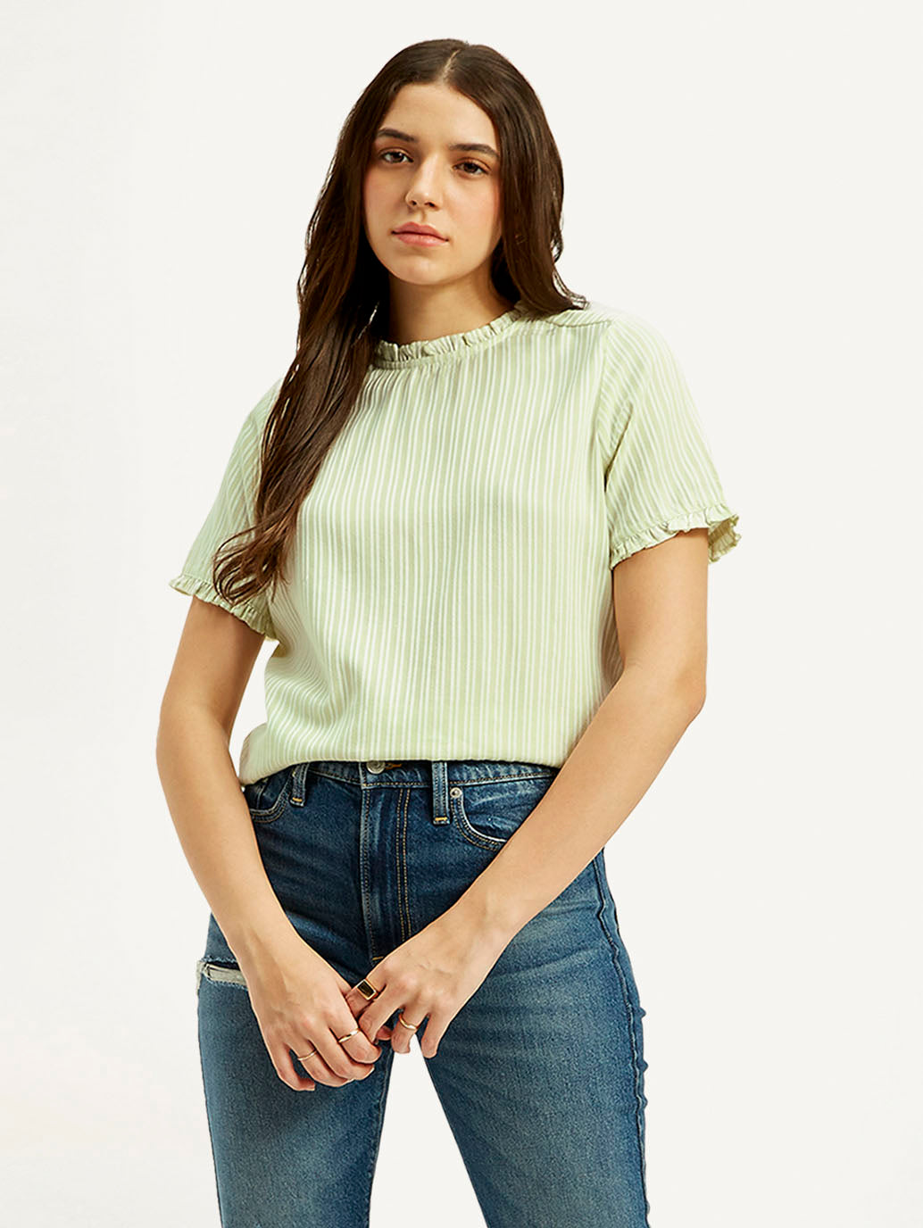 Women's Striped Light Green Collar Neck Top