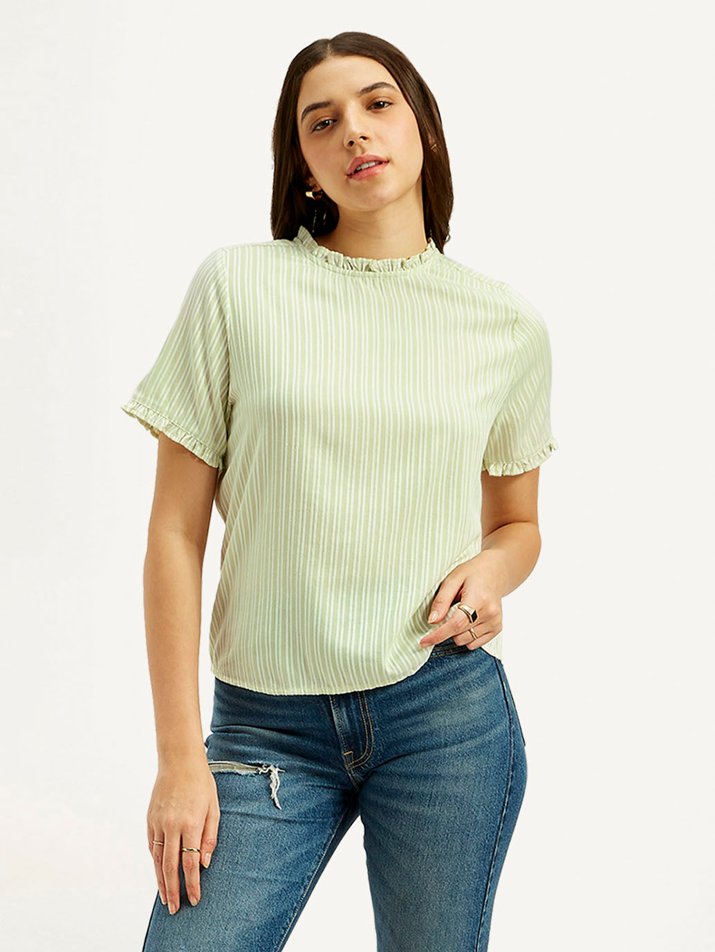 Women's Striped Light Green Collar Neck Top