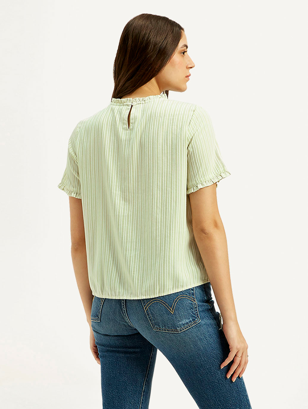 Women's Striped Light Green Collar Neck Top