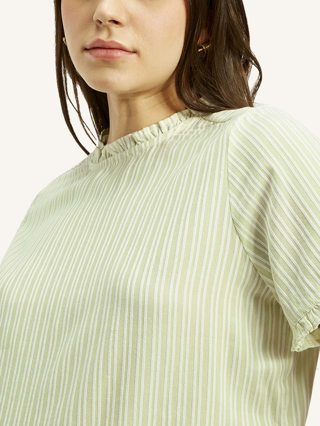 Women's Striped Light Green Collar Neck Top