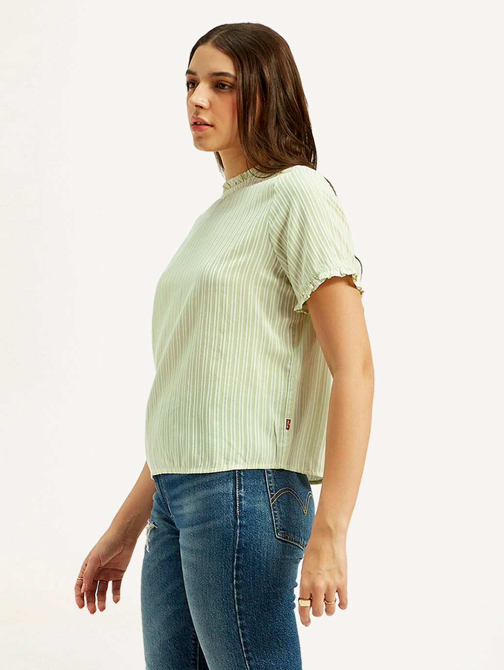 Women's Striped Light Green Collar Neck Top