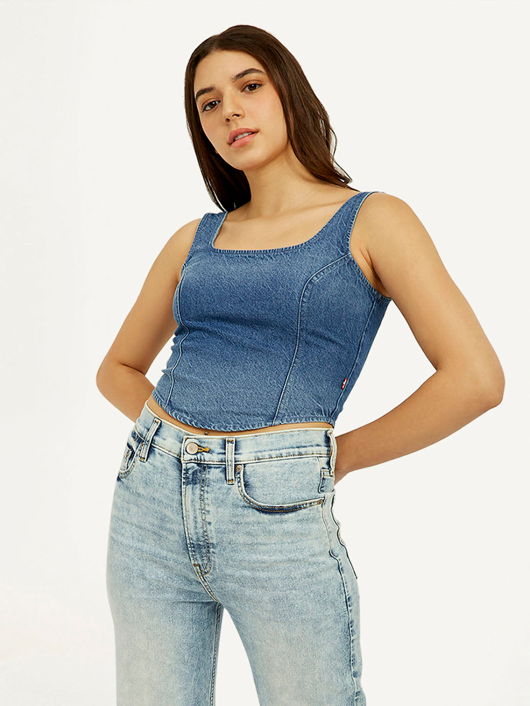 Women's Solid Blue Square Neck Denim Corset Top
