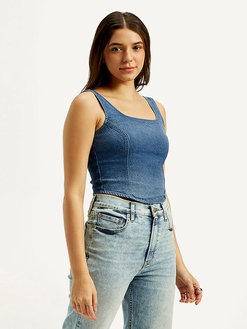 Women's Solid Blue Square Neck Denim Corset Top - Side View