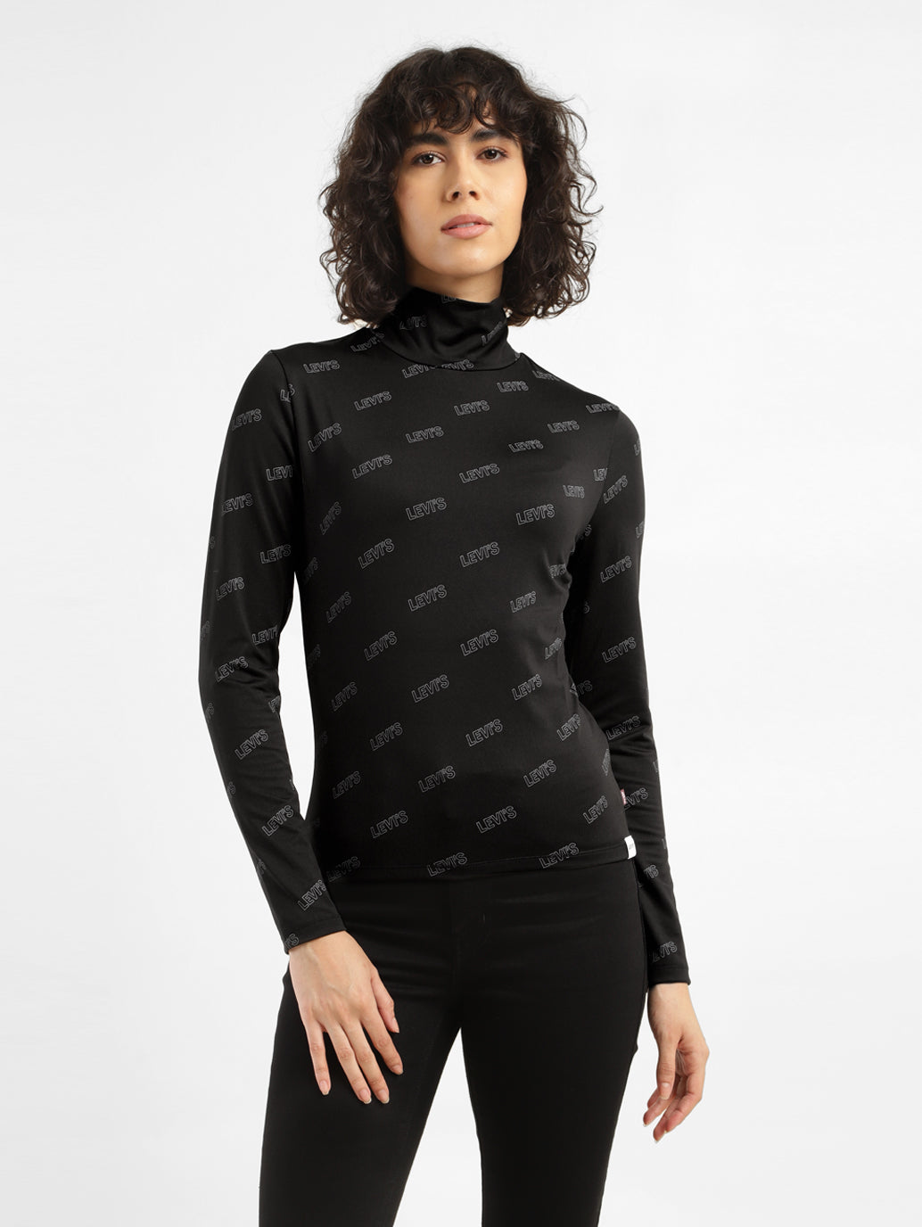 Women's Printed Black High Neck Top