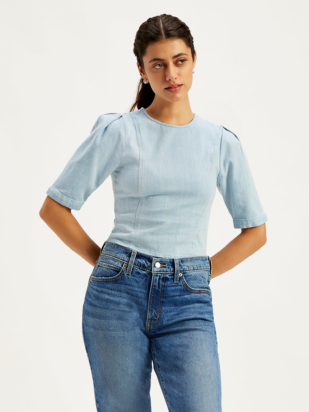 Women's Solid Light-Blue Round Neck Top