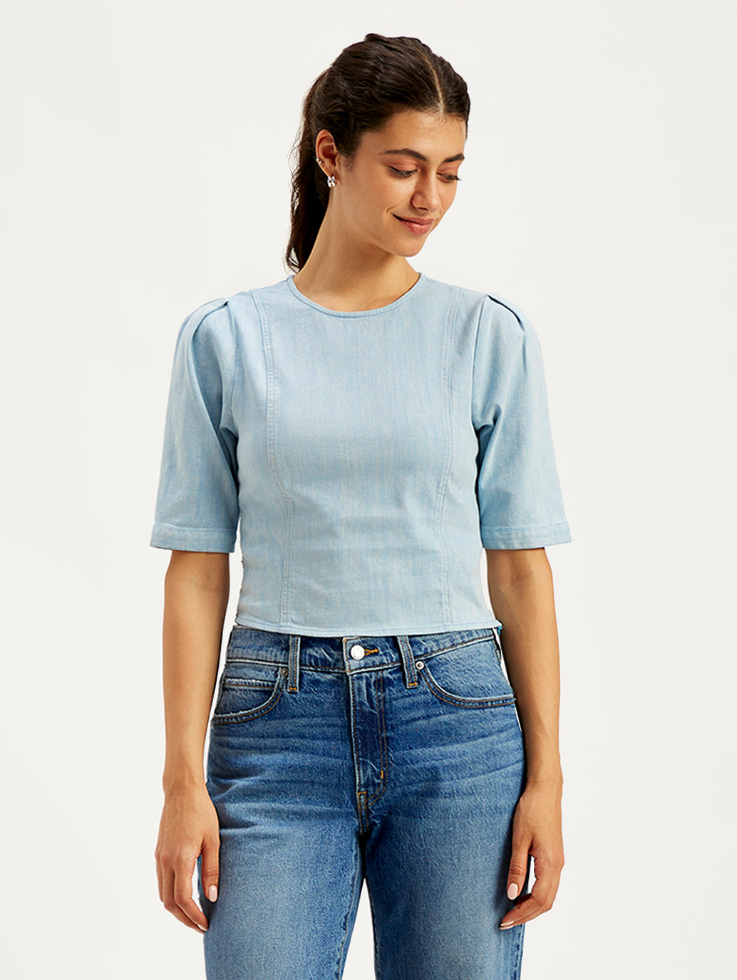 Women's Solid Light-Blue Round Neck Top