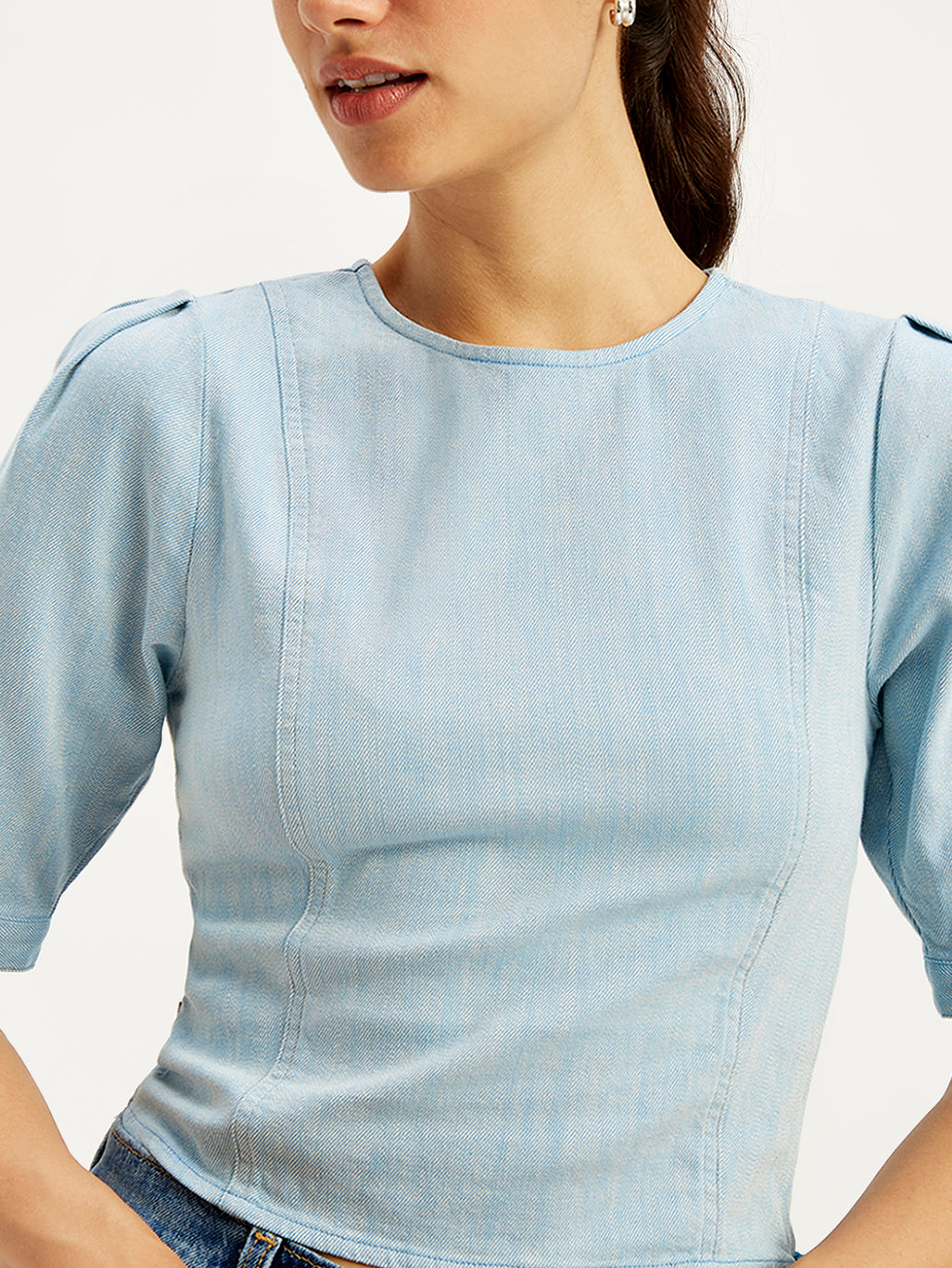 Women's Solid Light-Blue Round Neck Top